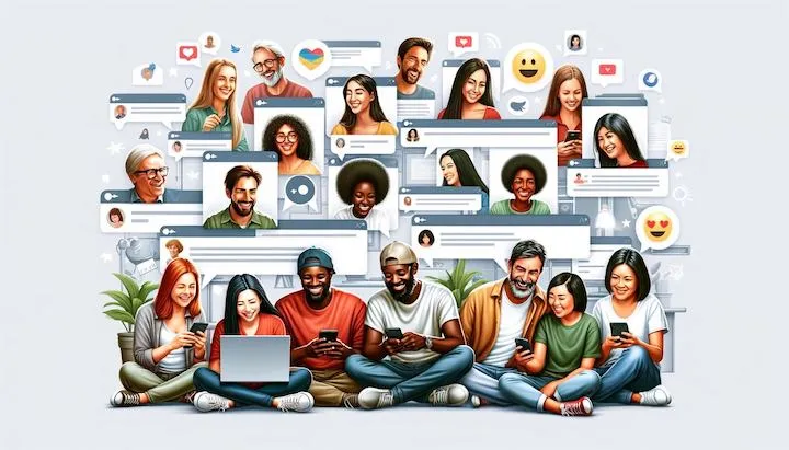 Individuals of different ethnicities, visibly engaged in online conversations, smiling and laughing