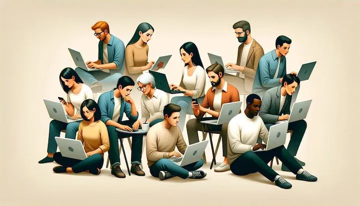 People of various ethnicities engaging in online chats using their laptops and smartphones